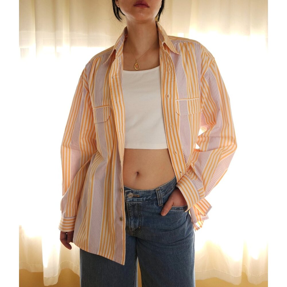 Vintage striped button down casual shirt/ oversized cotton long sleeve shirt